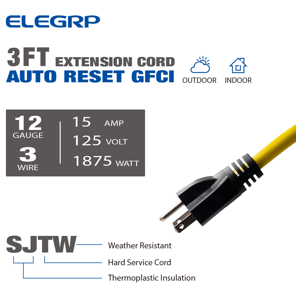 ELEGRP 15A Auto Reset Inline GFCI Extension Cord 3FT 12/3 SJTW Heavy Duty Yellow Cable 3 Wires 3 Prongs Grounded Plug with 3 Electrical Outlets,Broom Tail Design,UL