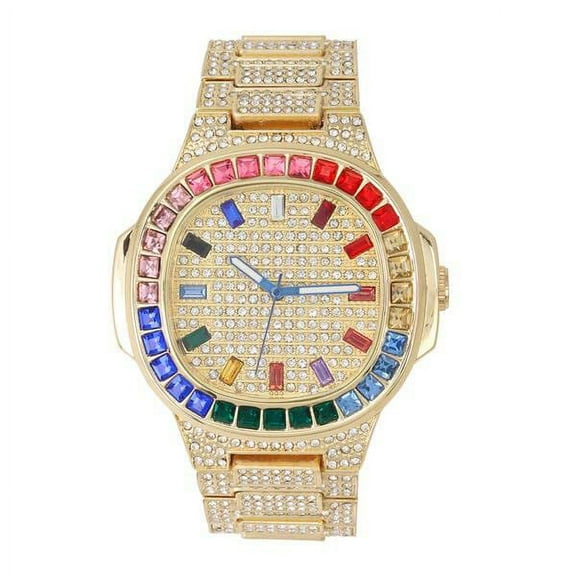 Charles Raymond Iced Out Mens Color on Blast Watch Single or Combo Sets with Blinged Out Bracelets Set. Iced Out Colourful Rainbow Flame Collection (ST10376 Gold)