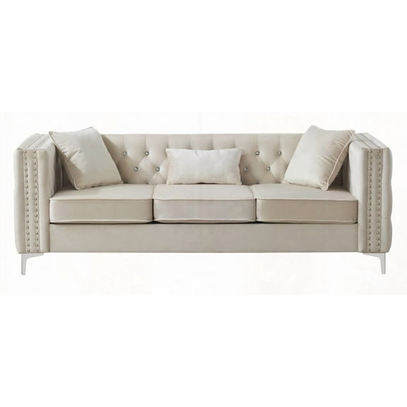 Modern Ivory Velvet Sofa 86"x30"x34" with Tufted Design and Faux Diamond Buttons