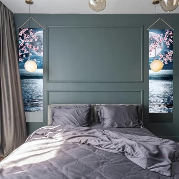 1set 2pcs Japanese Anime Scenery Tapestry Ocean Moon Cherry Blossom Vertical Tapestry Wall Hanging Tassel Wall Aesthetic Tapestry for the Living Room Wall Art Wall Decor Entry(45.7x13 Inch)