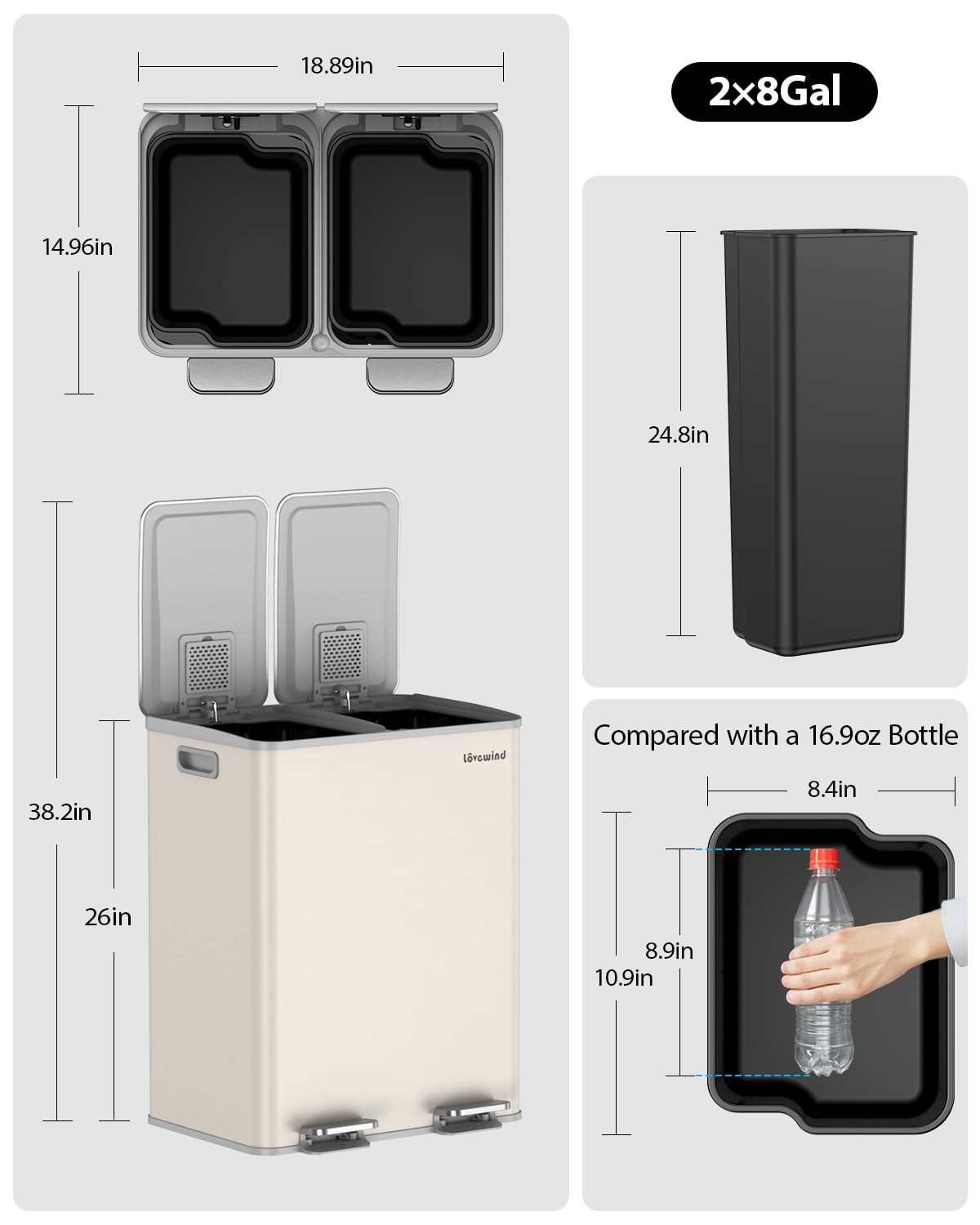 2 x 8 Gallon Kitchen Trash Can, Step Garbage Can Stainless Steel, Trash and Recycle Bin for Kitchen, Dual Compartment Recycling