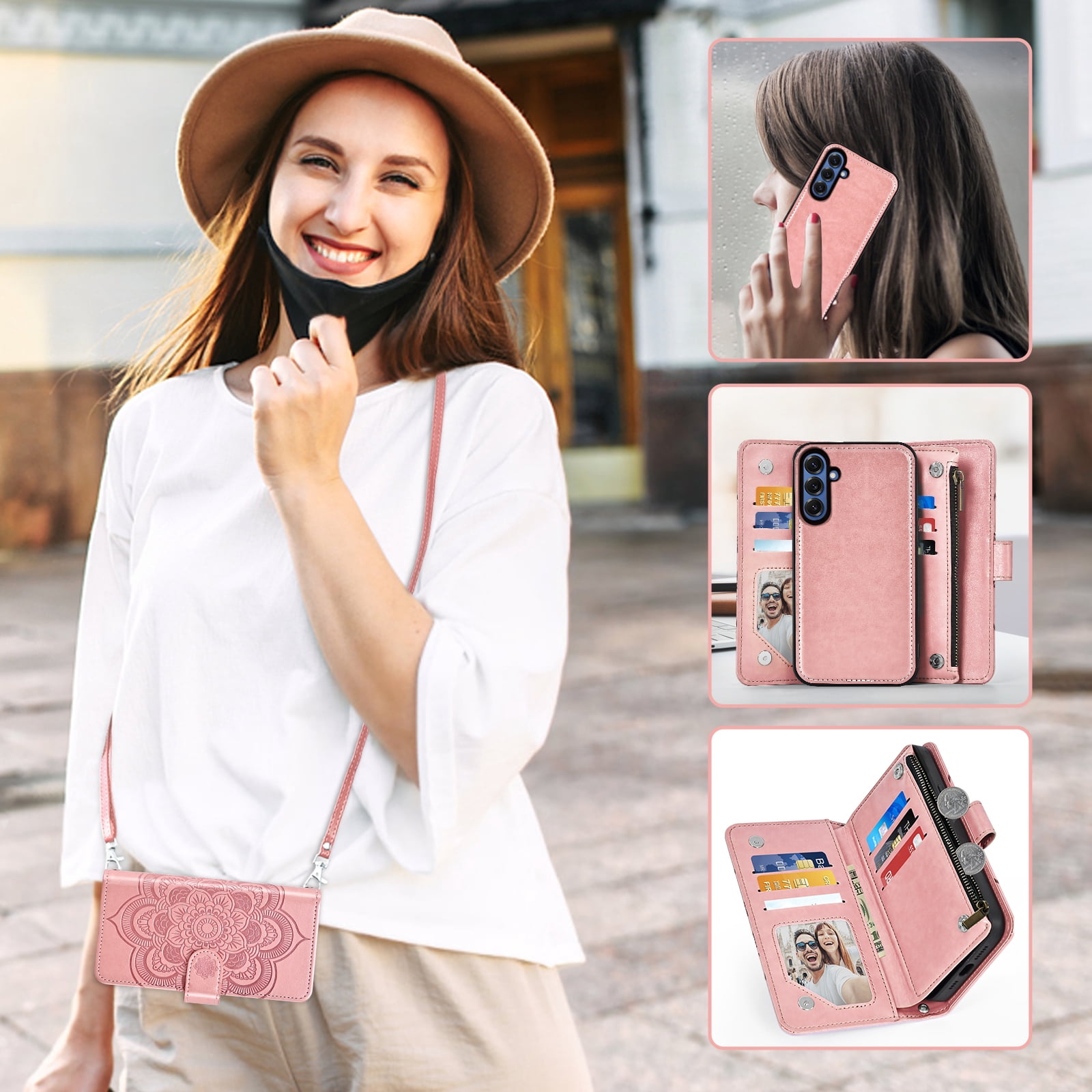 Asuwish Phone Case for Samsung Galaxy S25 5G Zipper Wallet Magnetic Detachable Cell Cover with Tempered Glass Screen Protector Crossbody Strap Flower Card Holder Slot S 25 25S G5 Women Girls Pink