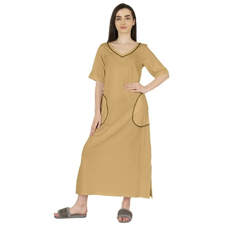 

Inkmeso Solid Long Nightgown For Womens V-Neck Loungewear Casual Sleep Dress With Pockets