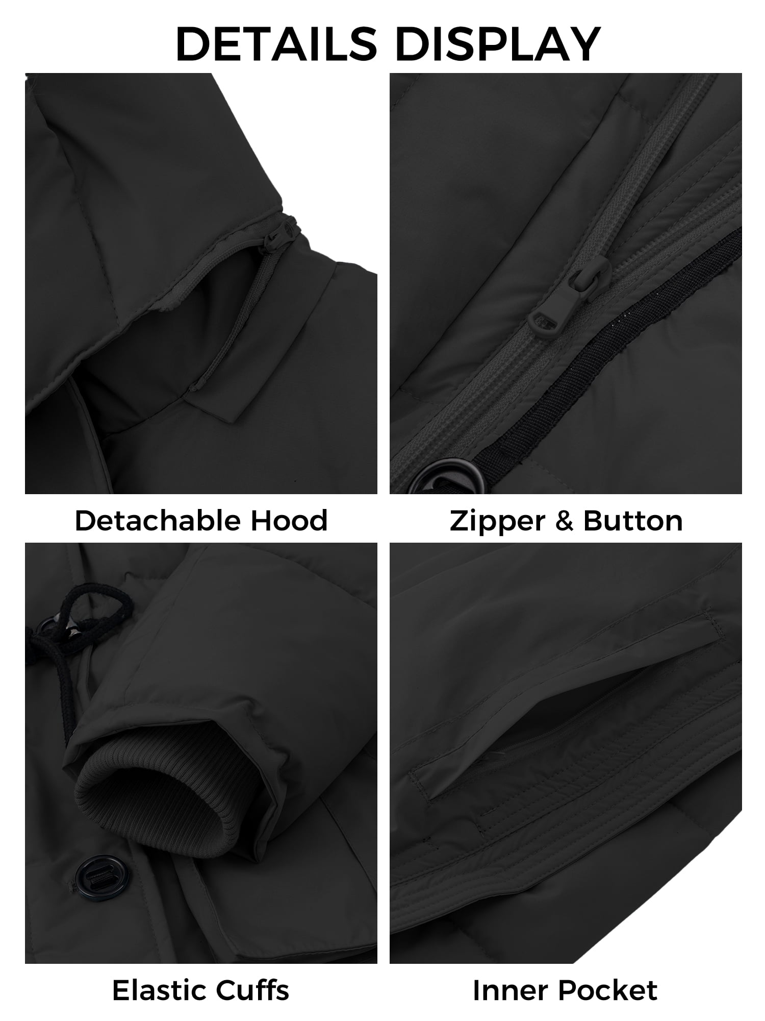 Women's Winter Puffer Coat with Removable Hood Waterproof Warm Jacket Thickened Insulated Parka Black L