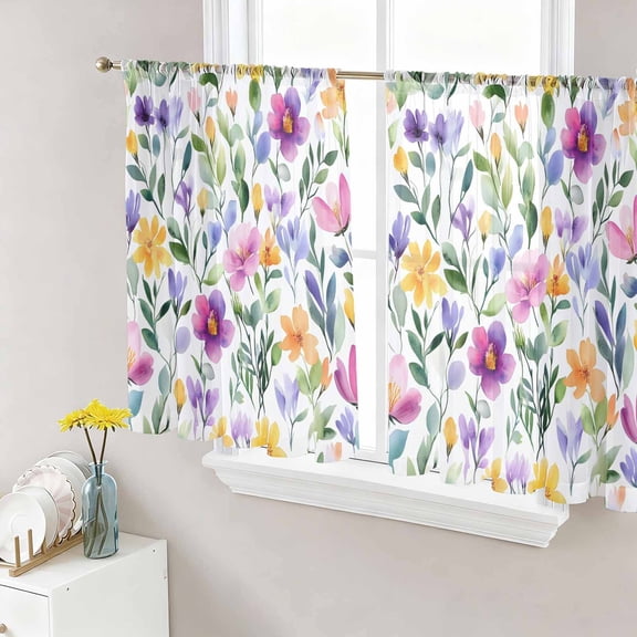 Sheer Curtains 45 Inch Length 2 Panels Set for Kitchen, Watercolor Floral Semi Sheer Curtains for Windows, Purple Flower Leaf Spring Summer Voile Window Treatments Rod Pocket Curtain