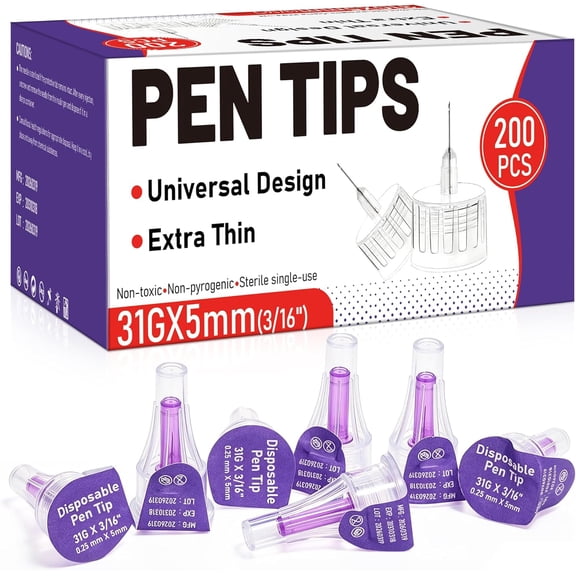 Pen Tips,31Gx5mm,Universal Design,Extra Thin,Single-Use,200 Pieces per Box