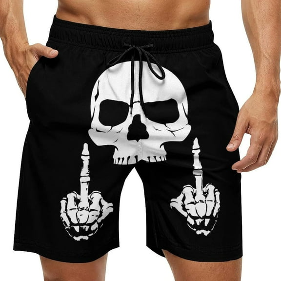 N/A Men's Skull Print Quick Dry Swim Trunks with Board Beach Shorts Skull With