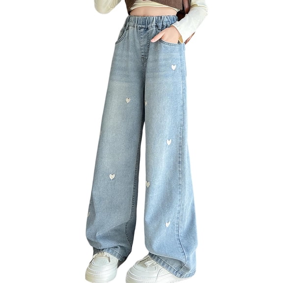 Gytharion Kids Wide Leg Jeans for Girls 5-15 Years, Teen Girls Cute Heart Embroidery Elastic Waist Baggy Denim Pants with Pockets