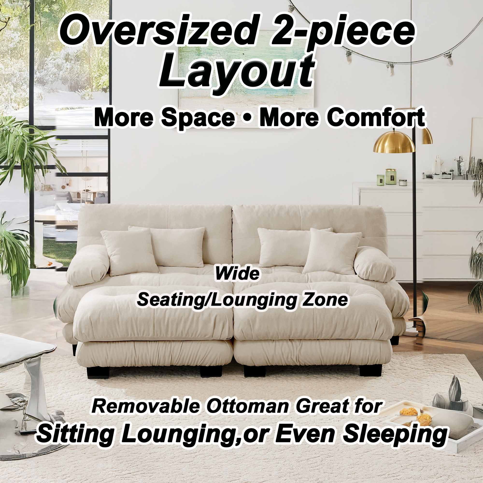 94.4" Cloud Chenille Loveseat Sofa with 2 Moveable Ottomans, Oversized Deep Seat Couch Set for Living Room,Light Green