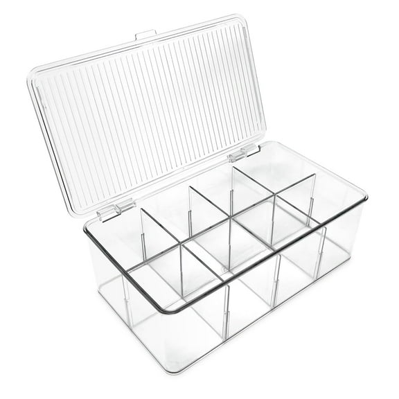 Isaac Jacobs Divided Clear Plastic Organizer (10.88" x 6.63" x 3.75") w/ Hinged Lid & Removable Dividers, Stackable Box for Tea Bags, Office Supplies, Cosmetics, BPA-Free, Food Safe Pantry Container