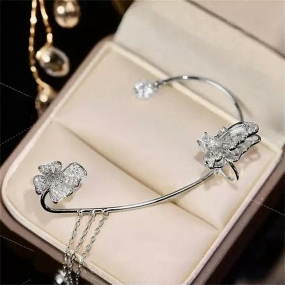 HOOUN Butterfly Tassel Style Zircon Earrings Clip Non Piercing Wrap Jewelry Earring-Silver-Right ear