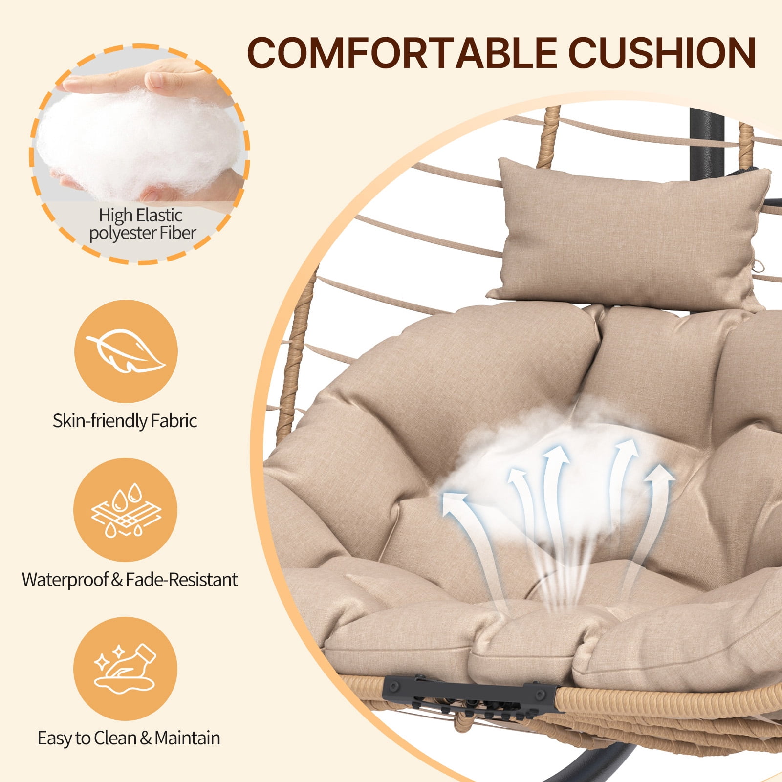 ELPOSUN Double Wicker Swing Egg Chair 2 Person Foldable Hanging Egg Chair with Stand, Porch Swing Loveseat for Patio, Balcony, Porch, Indoor，Outdoor, Beige