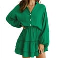 thumbnail image 2 of qolati Women's Mini Dresses 2023 Fall Lantern Sleeve V Neck Button Up A-Line Dress Fashion Layered Ruffle Hem High Waist Party Holiday Dress, 2 of 5