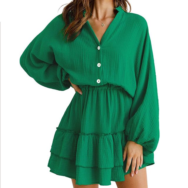 Fankiway Clearance Long Sleeve Dresses Women'S Long Sleeved Lantern Sleeve V-Neck Button Ruffle Layered Color Mini Dress Womens Dresses Plus Size Clearance