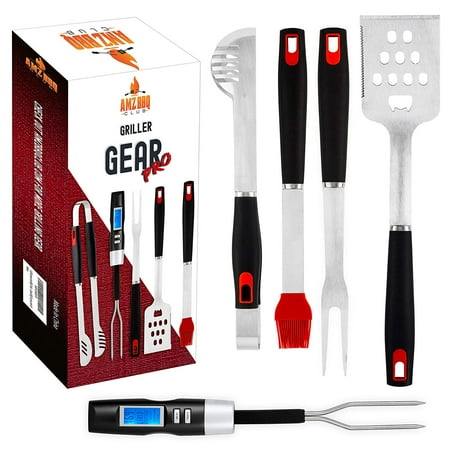 Bbq Tool Kit ULTIMATE BBQ Grill Tools Set with Meat Thermometer & 4 Stainless Steel Grilling Accessories - 5 Piece BBQ Accessories set includes Tongs, Spatula, Fork, Silicon Basting Brush and Instant Read Digital ()