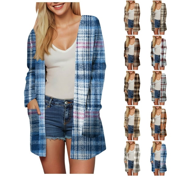 idosla Plaid Cardigan for Women Fall Trendy Open Front Work Sweater Casual Long Sleeve Loose Tops with Pockets (Light Gray, XL)