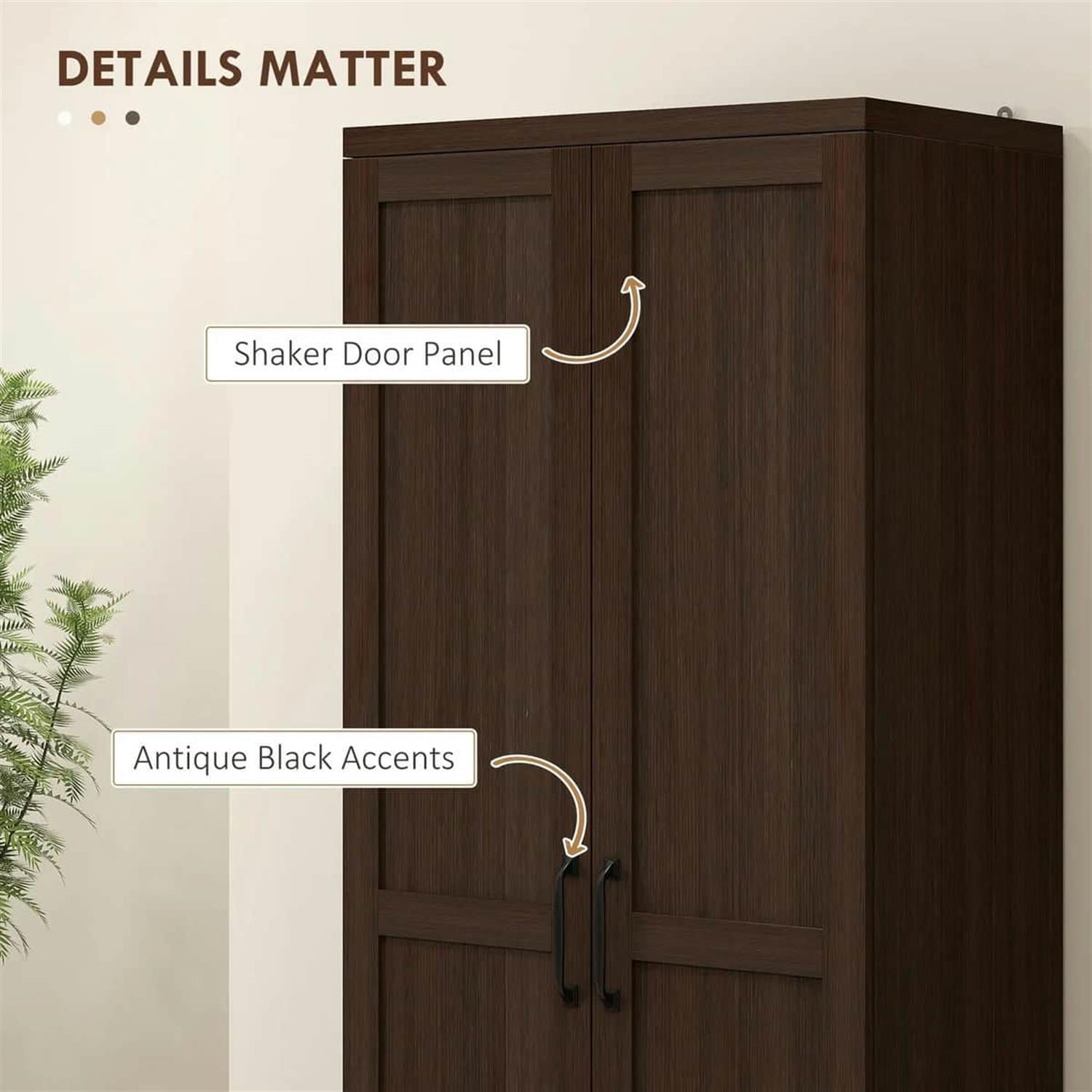 Demi Bonn 62" Large 2-Door Pantry Cabinet, Freestanding Storage Unit with 2 Adjustable Shelves for Dining Room, Spacious Kitchen Organization, Brown