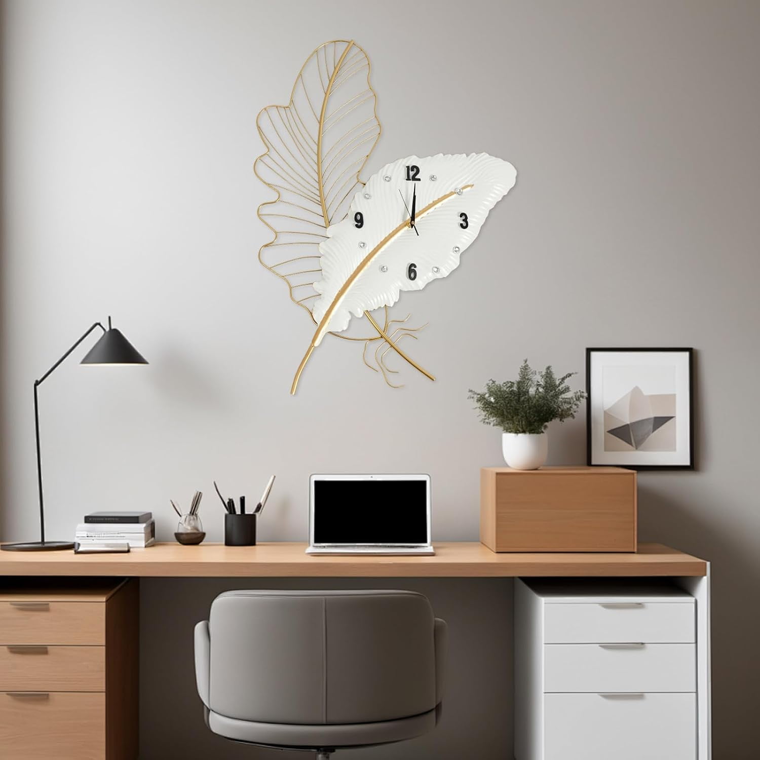 Modern 30inch Large Wall Clock Metal Feather Wall Clock Decorate with Sweep-Second Silent, Wall Clocks for Living Room, Bedroom, Dining Room, Office,