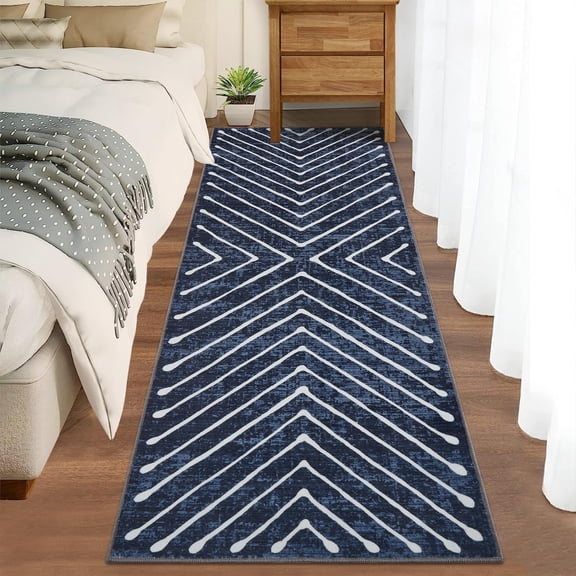 Striped Rugs for Living Room, 2x6 Area Rugs Ultra-Thin Soft Washable Rug, Non-Slip Bedroom Rug Stain Resistant Lightweight Boho Low-Pile Throw Rugs for ‎Dining Room Office.Blue