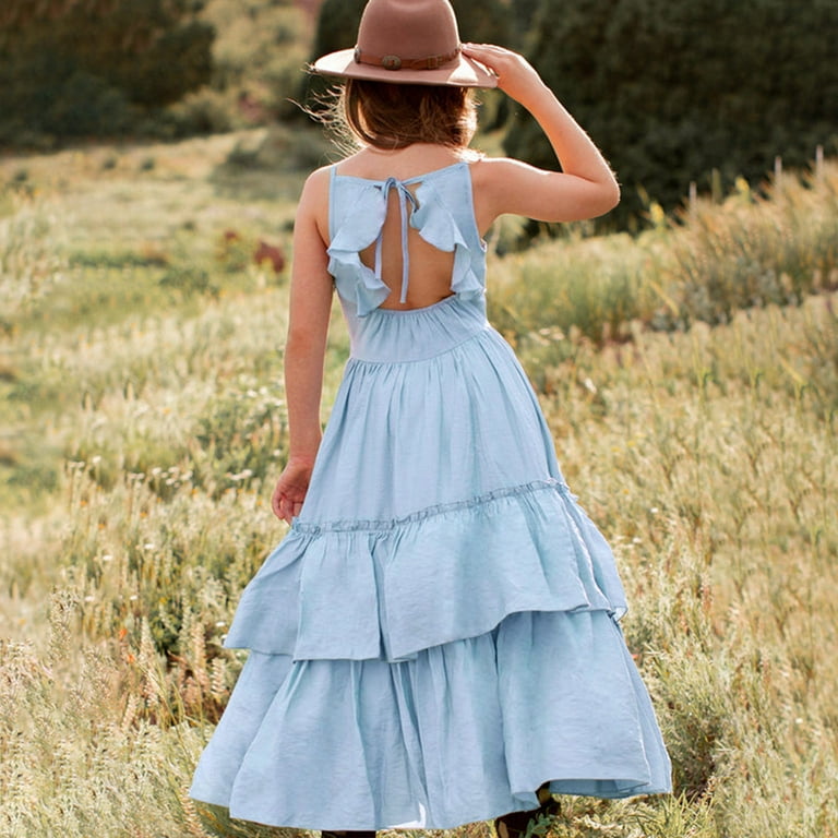 Clearance Girls Dress Ruffle Sleeveless Spring Summer Flowy Dress Wedding Birthday Party Bow Boho Princess Dress Children Baby Girls Mesh Dress Gauze Dress Sundress for Kids 5 6 YearsBlue Walmart