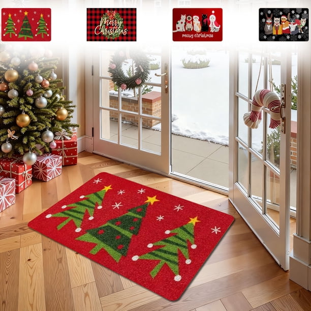 Tapete Navideño para Entrada | Material: Poliéster | Color: Rojo | 40 X 60 Cm | Base Antideslizante | Fácil de Limpiar | Decoración para El Hogar | 1 Unidad