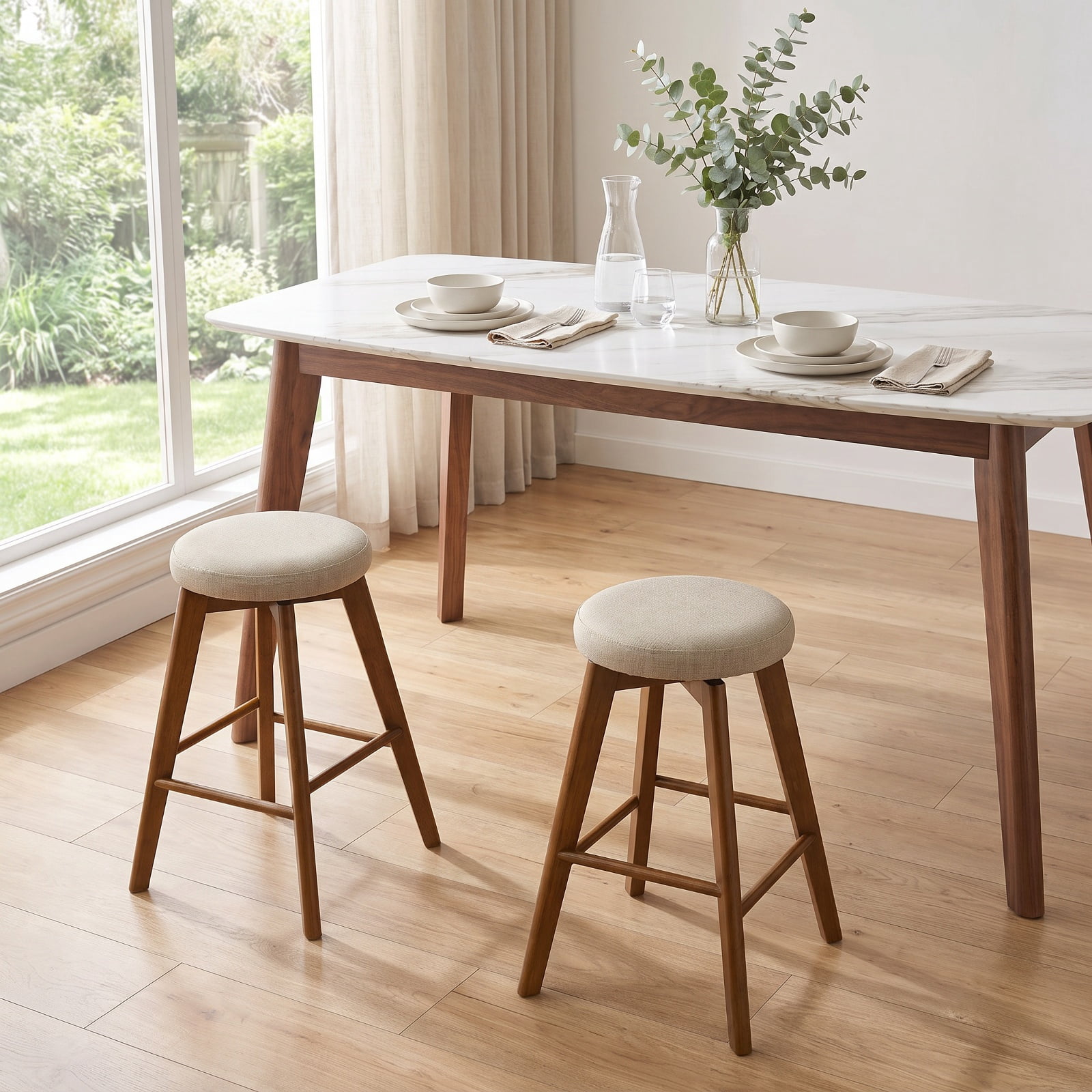 Furnibear 2 Pieces 26 Inch Backless Swivel Barstools with Linen Fabric Seat for Kitchen Island Counter Bar Pub Dining Home, Beige