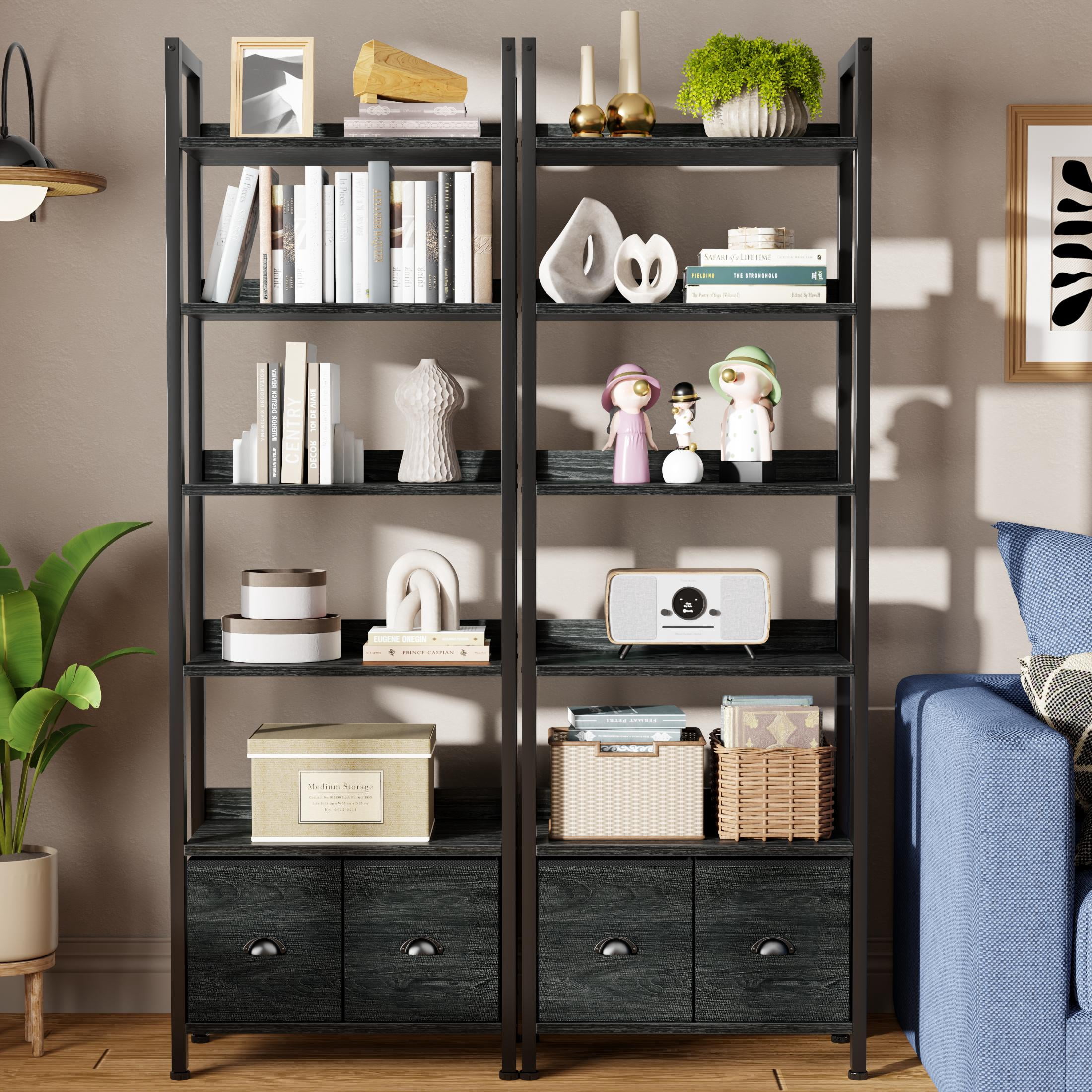 Satifur 6 Tier Black Industrial Bookshelf, Tall Storage Shelving Unit with 2 Detachable Drawers, Anti-Tip & Waterproof Boards for Living Room, Bedroom