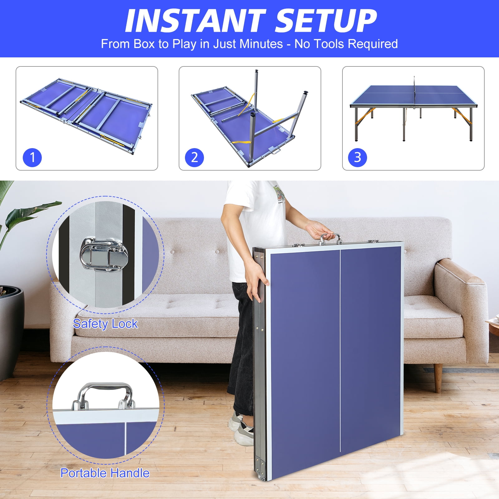 Mid Size Table Tennis Pong Table,5ft Foldable & Portable Ping Pong Table Set for Indoor Games with Net, 2 Table Tennis Paddles and 3 Balls