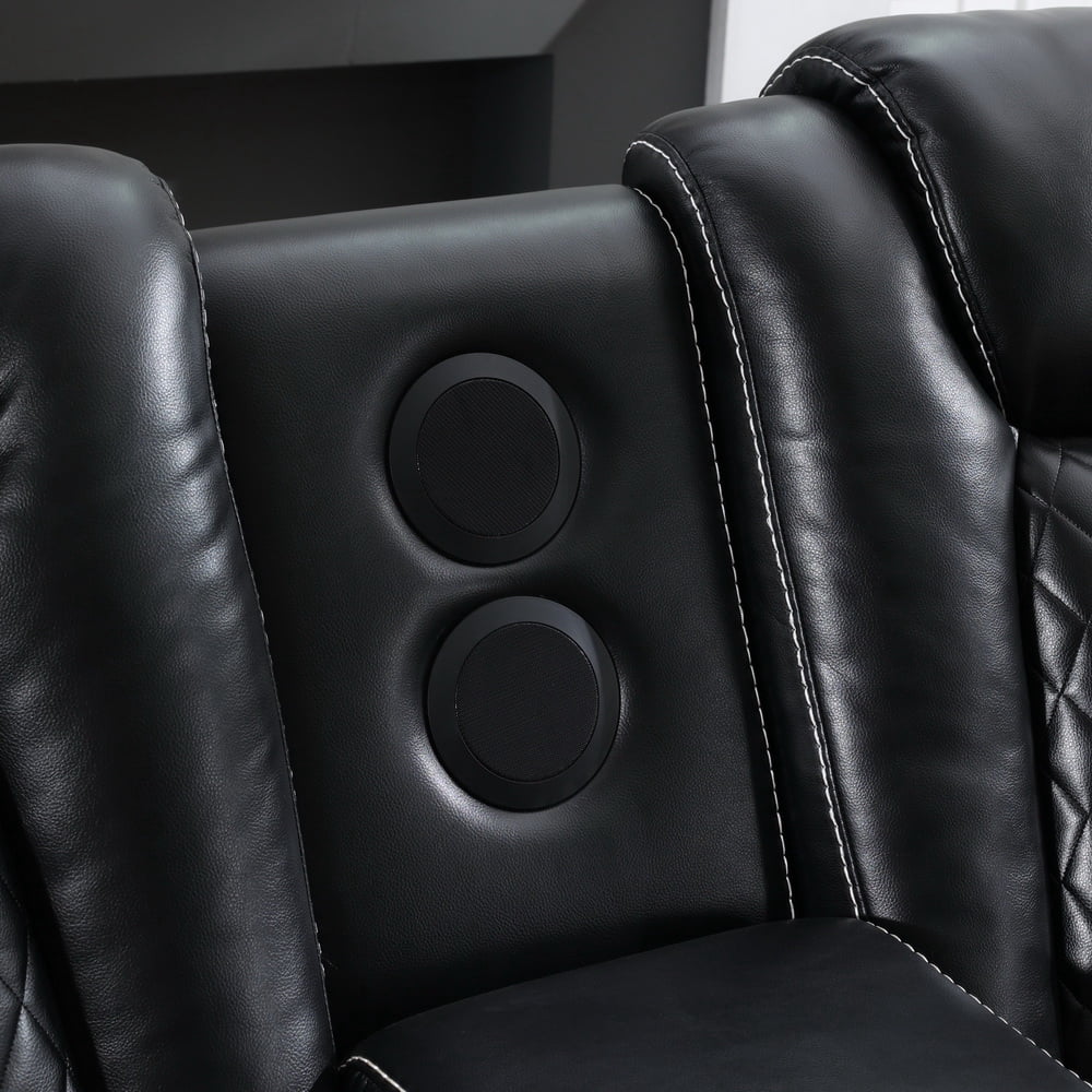 Gewnee 2-Seat Technical Leather Power Reclining Loveseat with LED Strip, Bluetooth Speakers, USB Charging, Cup Holders and Storage, Black