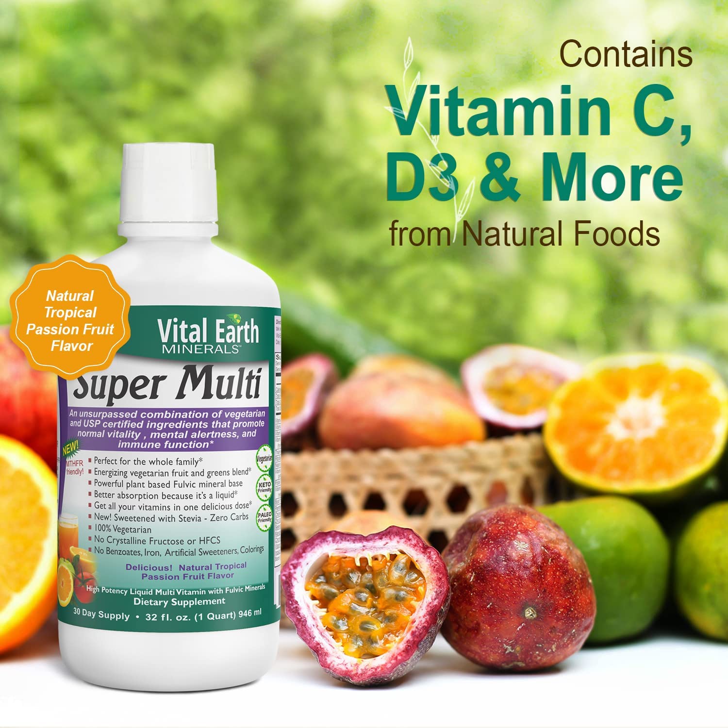 Vital Earth Minerals Super Multi Liquid Vitamins 32 Fl. Oz. - 1 Month Supply- High Potency - MTHFR Friendly- Vegetarian - Liquid Multi Vitamin Supplement with Ionic Fulvic Minerals