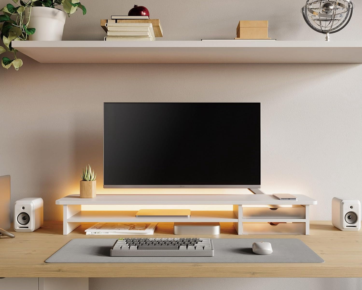 Monitor Stand, Dual Monitor Riser, 42.5inch Large Desk Computer Monitor Stand Riser with Drawer, 2 Tier Wood & Acrylic Desktop Organizer for Computer, Laptop, Printer, TV Screen Riser