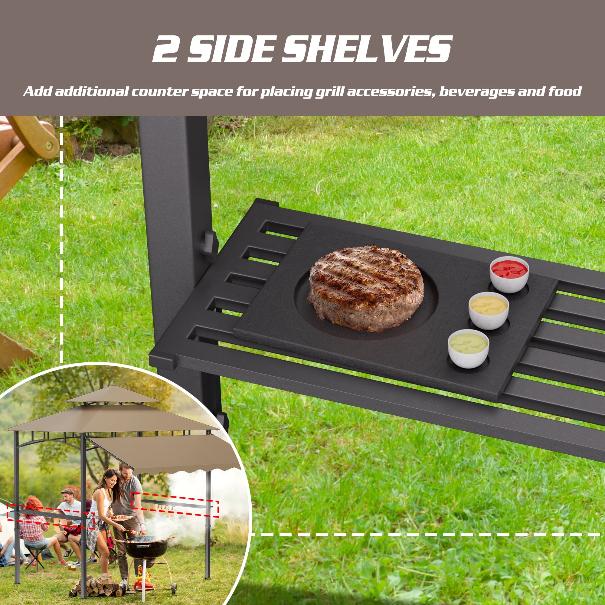 Magic Union 8'X8' Grill Gazebo Canopy - Heavy Duty Steel Frame, Double Tiered Grill Canopy for Outdoor Grill W/Shelves, Ceiling Hooks and Ground Stakes, Patio Canopy Tent BBQ Gazebo for Backyard