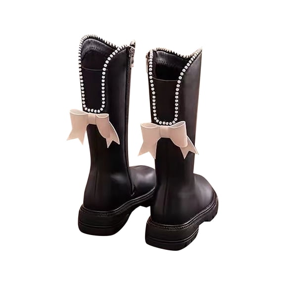 Krdevn Girls Knee‑High Leather Boots Fleece Lined Pearl Trim Bow Decor Side Zipper Non‑Slip Princess Winter Boots,Black