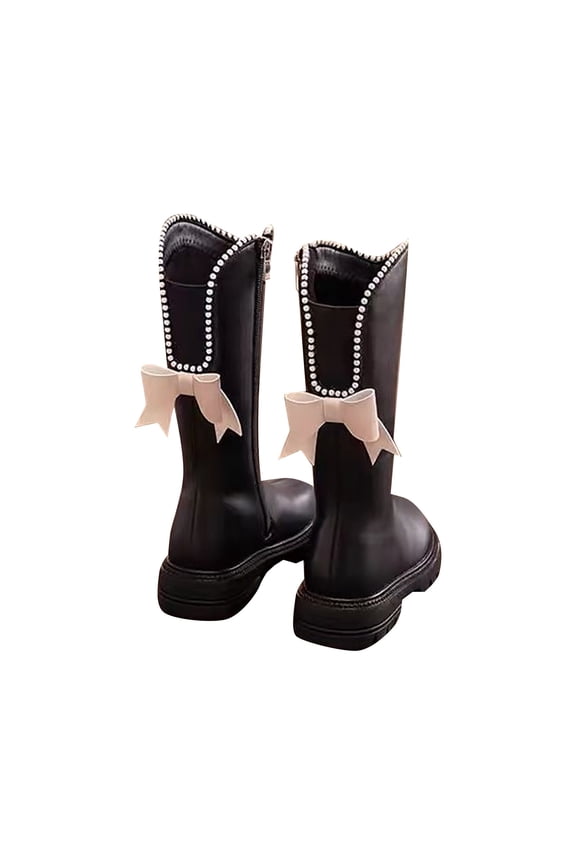 Closed Toe Zip-Up Girls Kids Combat Boots Knee-High Bow Decoration Comfort Formal Black Boots For Girls Teen Size 6.5-7 Years