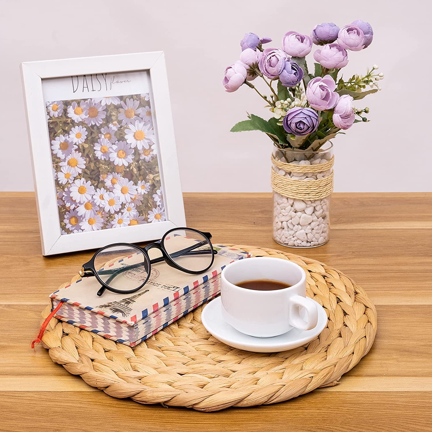 Set of 4 Round Water Hyacinth Placemats, Natural Wicker Placemats Set of 4, Weave Placemats Handmade, Rattan Tablemats for Dining Table (15" Round)