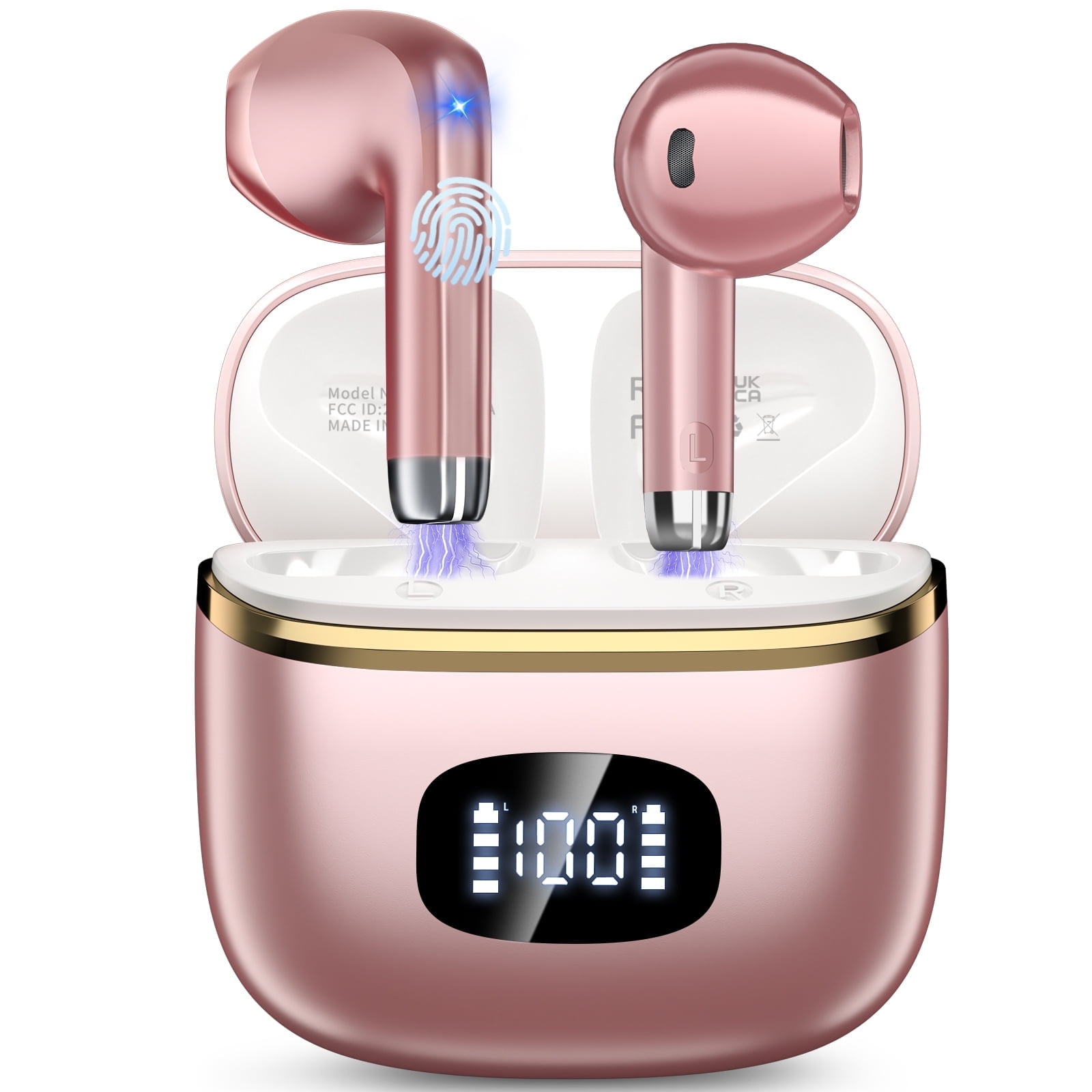 Wireless Earbuds Bluetooth 5.4 Noise Cancelling for iPhone Android with 4 ENC Mic, Dual LED Display, 50H Playtime IPX7 Waterproof In Ear Headphones, Rose Gold