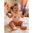 thumbnail image 6 of RUINIXCW Toddler Baby Girl Halloween Outfit Infant Baby Girls Summer Fall Clothes Pumpkin Ghost Embroidery Flying Sleeve T Shirt Tops and Plaid Shorts 2Pcs Set, 6 of 9