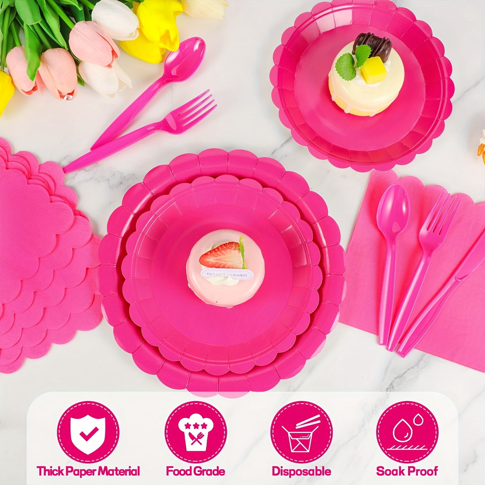 100pcs Rose Red Party Tableware Set for 25 Guests, Oil-proof and Leak-proof, Ideal for Birthday Parties, Gatherings and Picnics, Unique and Beautiful Pink Paper Plates and Hot Pink Party Decorations