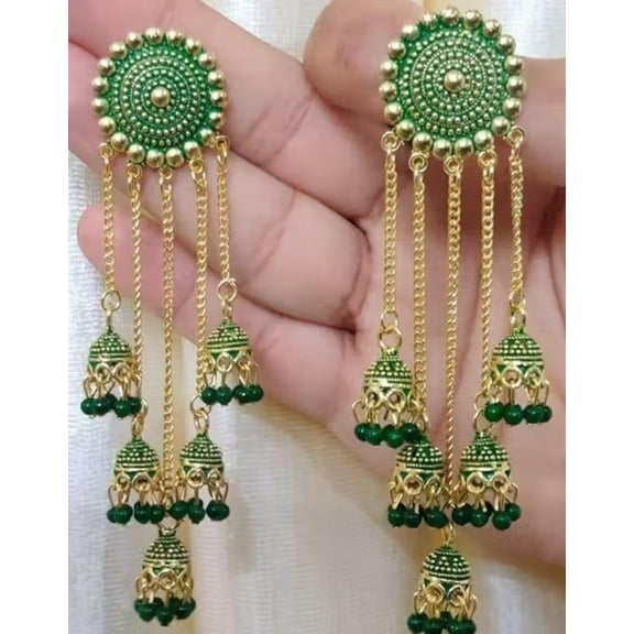 Traditional Long Jhumka Earrings with Green Beads for Women – Ethnic Indian Dangle Jewelry