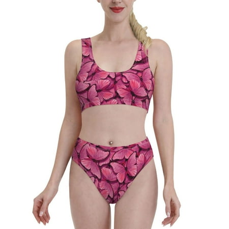 Bixox Pink Butterfly Pattern Two-Piece Sports Bikini with U-Shaped Top and High-Waist Bottom - Women s Swimwear with Removable Bra Pads