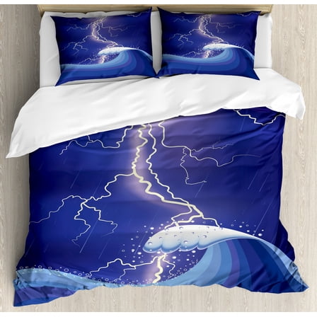 Purple King Size Duvet Cover Set, Heavy Storm in the Ocean Dark Thunder Scenery Cartoon with a Huge Wave, Decorative 3 Piece Bedding Set with 2 Pillow Shams, Purple Blue and White, by Ambesonne