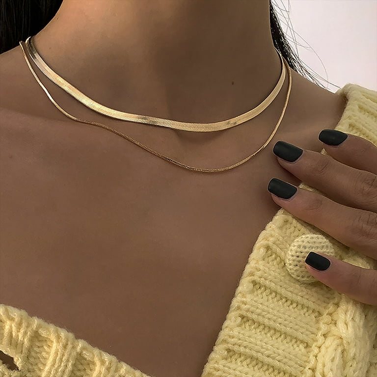 Gold Flat Snake Chain Necklace - Double Herringbone Chain for