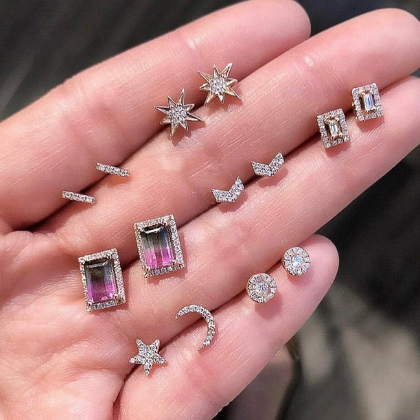 7 Pairs Ear Stud Delicate Artificial Gemstone Inlaid Earrings Love Star Moon Square Shape Elegant Set