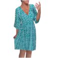 thumbnail image 2 of Fartey Boho Dresses for Women 2025 Plus Size Summer 3/4 Sleeve V Neck Midi Dresses Fashion Bohemian Floral Printed Sundress Casual Loose Stretch High Waist Vacation Beach Dress Blue S-5XL, 2 of 8
