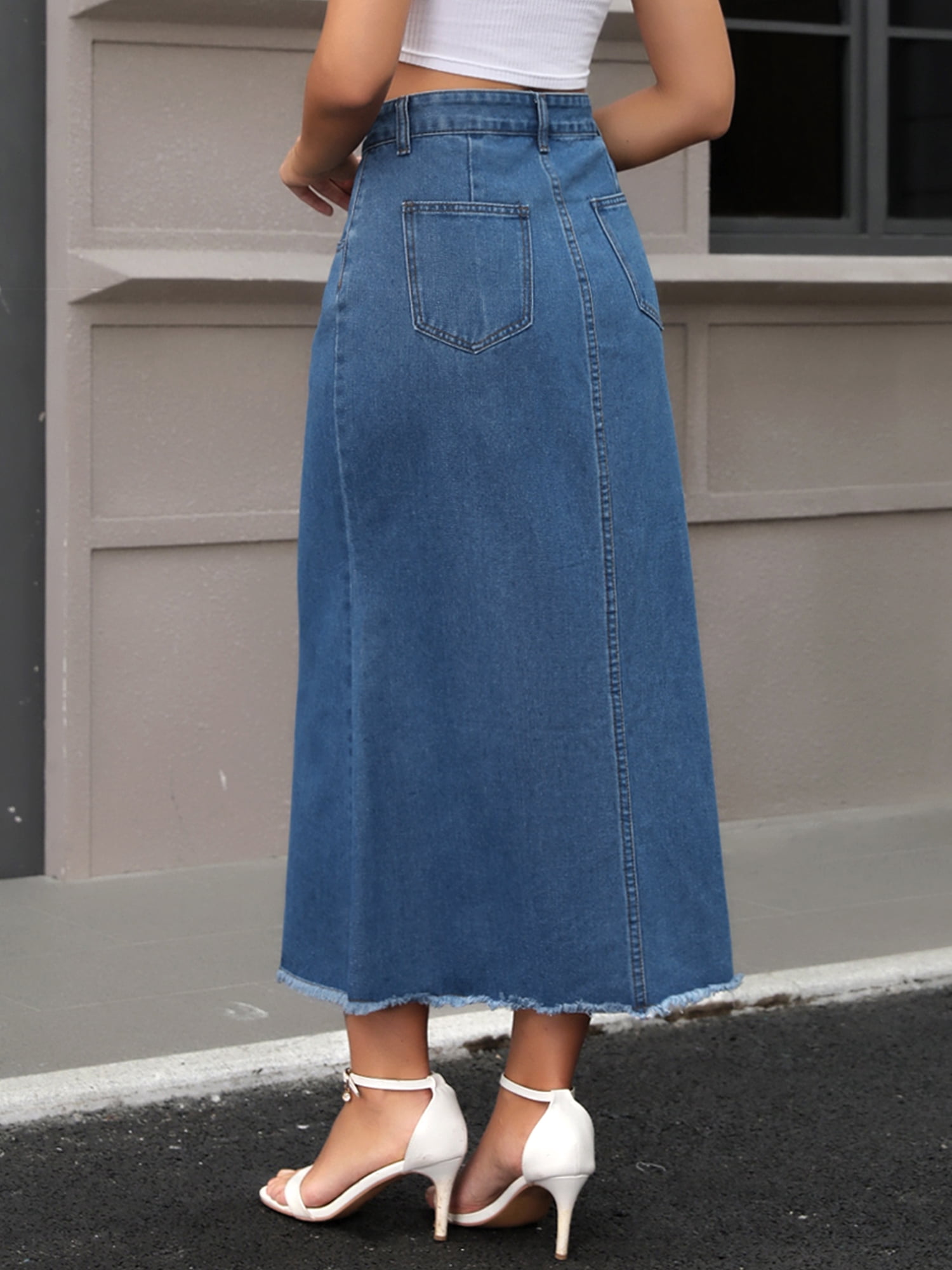 DARING DIVA Women's Denim Maxi A Line Raw Hem Jean Skirt Medium Blue