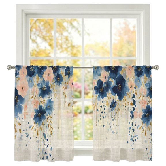 Spring Florals Sheer Curtains 45 inches Long, Vintage Watercolor Pink Blue Floral Gold Leaf Linen Texture Light Filtering Sheer Window Curtains Voile Drapes for Bedroom Living Room, 2 Panels