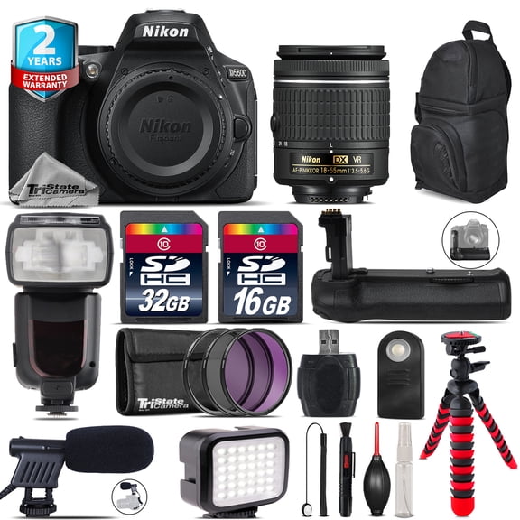 Nikon D5600 DSLR + AF-P 18-55mm VR + Professinal Flash + Battery Grip + 48GB (International Version)