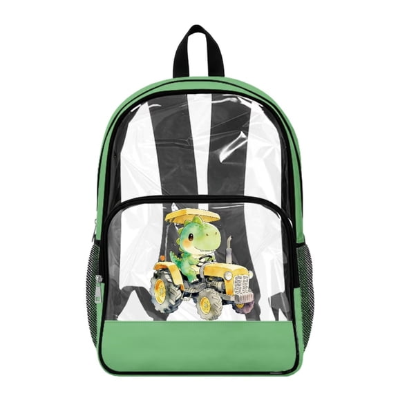 ZIATUBLES Clear Backpack, Heavy Duty Fabric & PVC Transparent Bookbag with Dinosaur Tractor Print, Large Capacity See Through Backpack for School College Work Travel Security