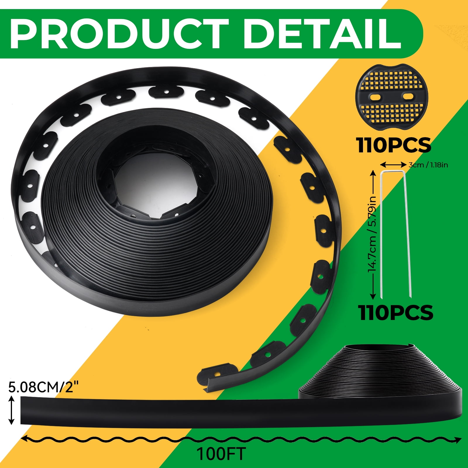 GOTGELIF Landscape Edging 2inch Tall, 40/100ft No-Dig Landscape Edging Border with 50/120 Spikes Plastic Garden Edging for Landscaping