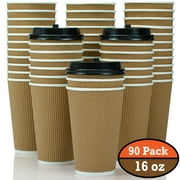 OzBSP 90 Pack 16 oz Disposable BROWN Coffee Cups with Lids - 16oz Paper Coffee Cups Ripple Wall Double Wall Hot Cups To Go, No Sleeves Needed